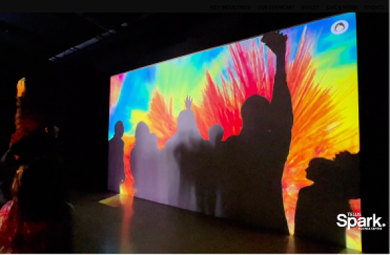 - Immersive installation highlighting contrast between dark silhouettes and vibrant digital explosion of colors.