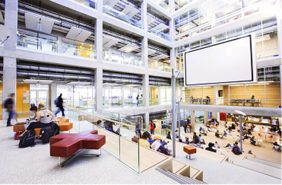 Large open atrium with groups of students studying and socializing.