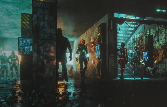 Dark sci-fi game scene with futuristic characters walking through an industrial corridor.