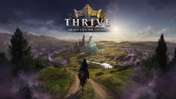 Fantasy game artwork for Thrive: Heavy Lies the Crown showing a rider approaching a kingdom across a wide landscape.